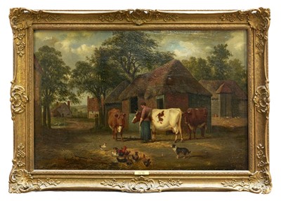 Lot 1310 - Samuel J Clarke (1841-1928) oil on canvas - cattle and maid in a farmyard, signed, 51cm x 77cm, in gilt frame