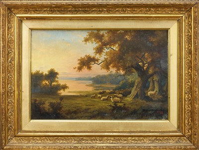 Lot 1337 - Henry George Todd (1846-1898) oil on canvas - Sheep beside the Orwell, signed and dated 1893, 31cm x 46cm, in gilt frame