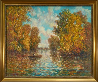 Lot 1263 - *Tom Keating (1917-1984) oil on canvas - The Boating Lake, after Monet, 65cm x 76cm, in gilt frame