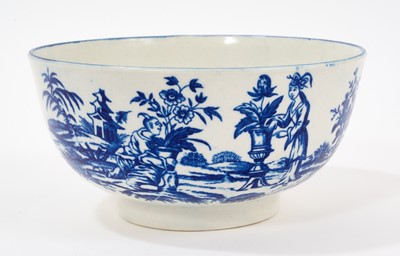 Lot 213 - A rare Worcester bowl, circa 1775-85, printed in blue with 'The Mother and Child' pattern (three-figure version) with 'La Terre' verso, lined rim, crescent mark, 14.25cm diameter Provena...