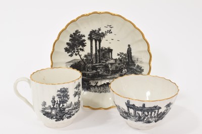 Lot 62 - A Worcester trio, circa 1765, comprising fluted tea bowl, coffee cup and saucer, printed in black with landscapes and classical ruins, the saucer 13.75cm diameter Provenance: the coffee c...