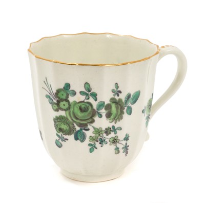 Lot 53 - Worcester faceted coffee cup, circa 1770, painted in varying tones of green in the London atelier of James Giles with flowers and leaves, the handle with graduating gilt dots, square mark to bas...