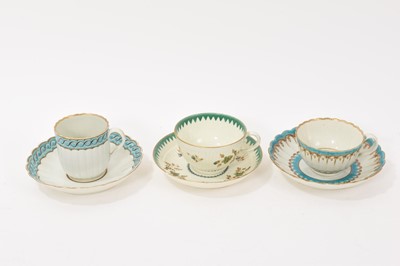 Lot 55 - A Worcester fluted cup and saucer, circa 1775, painted in tones of green with floral sprigs, green chevron border, possibly decorated in the atelier of James Giles, together with a Worcester flu...