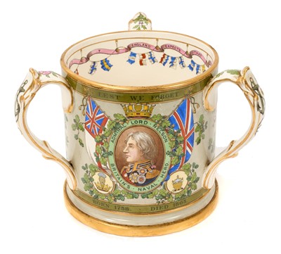 Lot 141 - Copeland pottery Nelson centenary tyg, circa 1905, retailed by Thomas Goode