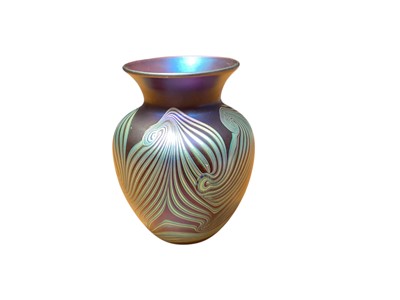 Lot 1104 - Iridescent Okra vase, inscribed to base Glass Guild Founder Member 1997/1998, no.228