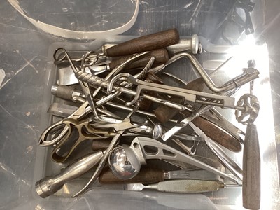 Lot 2415 - Group of antique surgeon's tools, including a bone saw