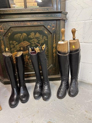 Lot 1191 - Pair of ladies black leather hunting boots with wooden trees, together with two other pairs