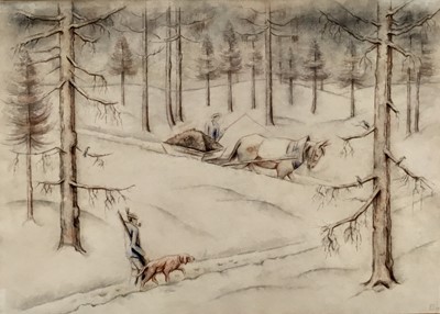 Lot 317 - Mid 20th century Continental School watercolour and charcoal - Snow Covered Woodland with Horse and Cart, initialled FJ and dated 1947, 64cm x 78cm, framed.