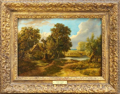 Lot 1326 - James Stark (1794-1859) oil on panel - Rural Landscape with Figure by a Riverside Cottage, 26cm x 36cm, in gilt frame