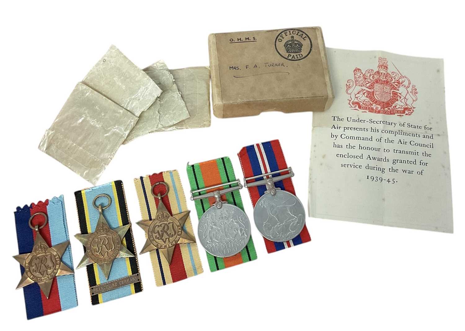 Lot 39 - Second World War casualty medal group comprising 1939 – 1945 Star, Air Crew Europe Star with France and Germany clasp, Africa Star, Defence and War medals
