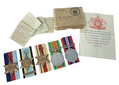 Lot 39 - Second World War casualty medal group comprising 1939 – 1945 Star, Air Crew Europe Star with France and Germany clasp, Africa Star, Defence and War medals