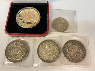 Lot 498 - G.B. - Mixed coins to include silver Crowns Victoria JH 1887 x 2 GVF-EF, 1889 EF & two other coins (5 coins)