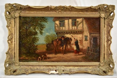 Lot 1406 - Thomas Smythe (1825-1906) oil on canvas - A gentleman and his horse by a farmhouse, signed, 29cmx 35cm, in gilt frame