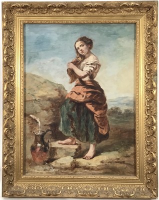 Lot 310 - Victorian School oil on canvas - A country girl collecting water from a spring, oil on canvas, in gilt frame. 37 x 27cm