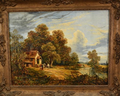 Lot 1414 - Joseph Paul (1804-1887) oil on panel - A river landscape with horse and rider and other figures by a cottage, 46cm x 36cm, in gilt frame