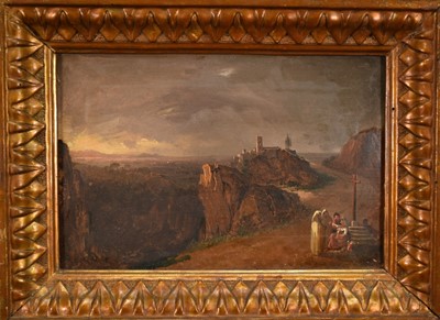 Lot 1407 - Manner of David Roberts (1796-1864) oil on paper laid on canvas - An extensive mountainous landscape with figures, 19cm x 29cm, in gilt frame