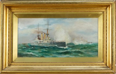 Lot 1405 - Charles Mills Sheldon (1866-1928) oil on canvas - "H.M.S. Revenge, 14,000 Tons", signed and inscribed, 24cm x 49cm, in gilt frame