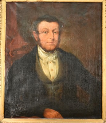 Lot 1409 - English School, early 19th century, oil on canvas - A portrait of a gentleman wearing a bow tie, 76cm x 61cm, in original gilt frame