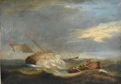 Lot 1440 - Manner of Thomas Luny (1759-1837) oil on panel - A shipwreck in a stormy sea, 25cm x 36cm, unframed