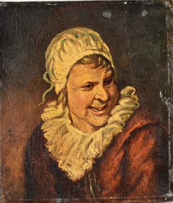Lot 1439 - Manner of Frans Hals (1580-1666) oil on oak panel - ‘The Witch of Haarlem’, monogrammed, 25.5cm x 15cm, unframed