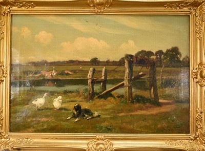 Lot 1425 - Arthur William Redgate (1860-1906) oil on canvas - A country scene with a wooden bridge over a river, signed, 50cm x 74cm, in gilt frame