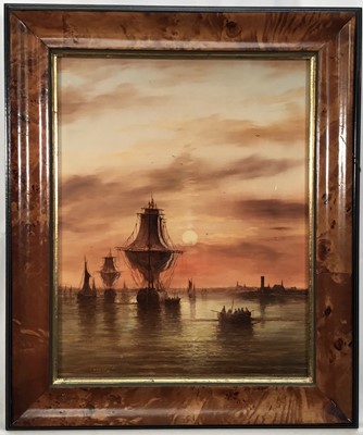 Lot 282 - Ronald Cavalla (born 1940) Shipping scenes at dusk, oils on board, both signed, a pair, in veneered frames. Each 29 x 23cm. (2)