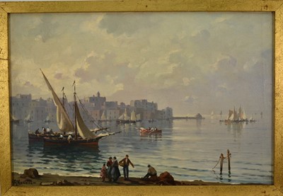 Lot 1429 - A. Nonetti, 20th century, oil on canvas - A view across the Bay of Naples, signed, 29cm x 44cm, in gilt frame