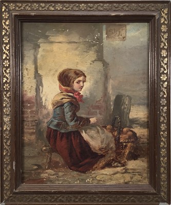 Lot 239 - English School, circa 1890, A girl seated on a stool selling fruit from a basket, oil on panel, framed, 25cm x 20cm.   .