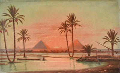 Lot 1442 - Charles Haig, oil on canvas, a pair - A view across the River Nile to the Pyramids and another eastern view, both signed and dated 1925, 24cm x 38cm, unframed
