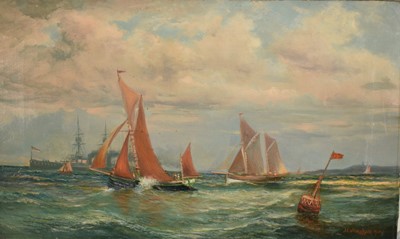 Lot 1443 - J. Callingham, oil on canvas - A seascape with sailing barges racing by a buoy, signed and dated 1917, 30cm x 51cm, unframed