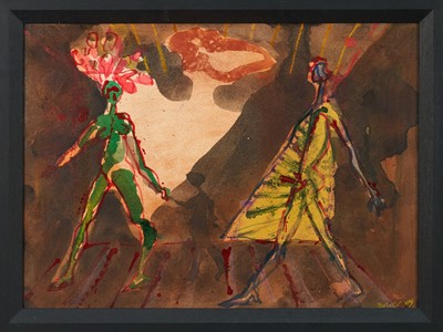 Lot 1084 - Bruer Tidman (British, b.1939) watercolour - Two Abstract Figures, signed and indistinctly dated, 27cm x 37cm, in glazed gilt frame