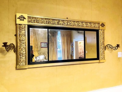Lot 1514 - Regency gilt gesso three plate overmantel mirror with flanking candl...