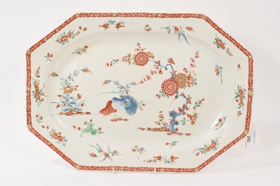 Lot 243 - A Bow porcelain platter, circa 1760, polychrome painted in the Kakiemon style with the 'Two Quail' pattern, 42cm wide