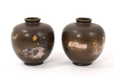 Lot 1112 - Squat pair of Japanese Meiji period bronze and mixed metal vases