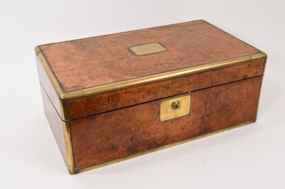 Lot 1103 - Good quality Victorian burr walnut and brass bound writing slope with Bramah lock