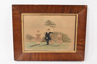 Lot 973 - English School, circa 1830, naive portrait of three children with pet dog