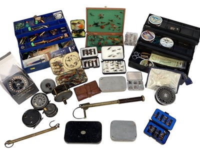 Lot 1197 - Collection of fly fishing equipment including reels by Farlow & Son, cases of flies, Victorian gaff by Bernard & Son and related items