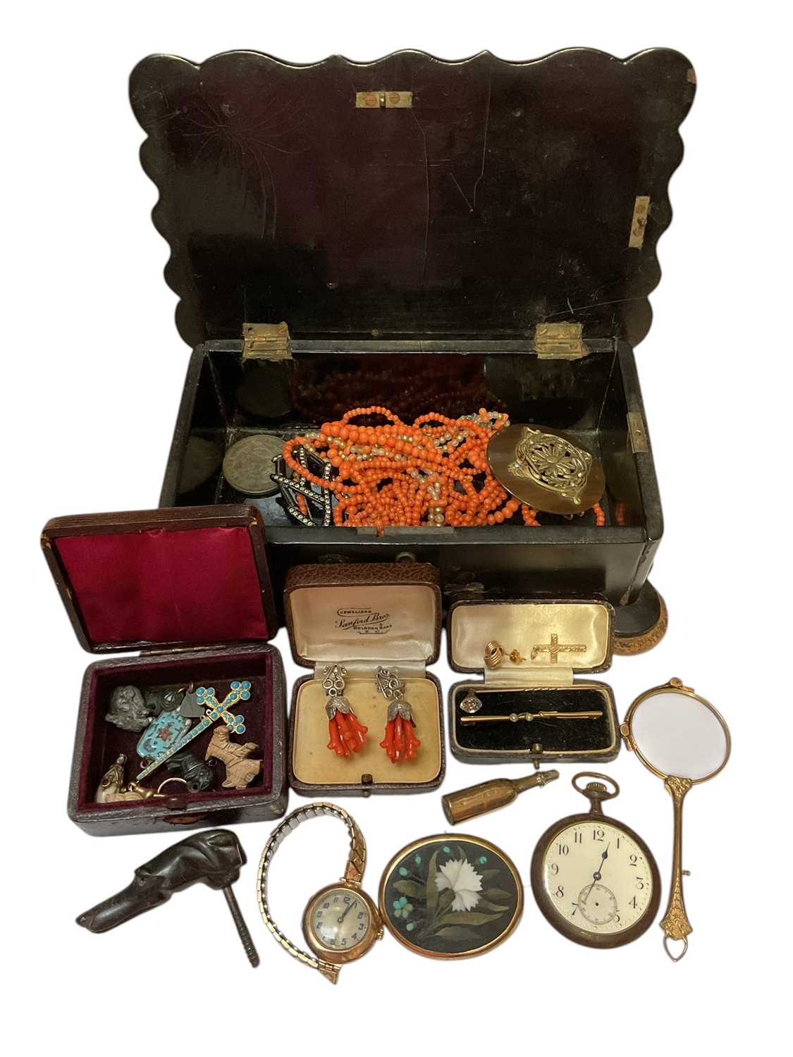Lot 64 - Victorian inlaid papier-mâché jewellery box containing a pietra dura brooch, pair of gold plated lorgnettes, 9ct gold cased wristwatch on plated bracelet, coral bead necklace