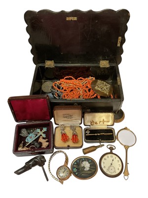 Lot 64 - Victorian inlaid papier-mâché jewellery box containing a pietra dura brooch, pair of gold plated lorgnettes, 9ct gold cased wristwatch on plated bracelet, coral bead necklace