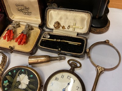 Lot 64 - Victorian inlaid papier-mâché jewellery box containing a pietra dura brooch, pair of gold plated lorgnettes, 9ct gold cased wristwatch on plated bracelet, coral bead necklace