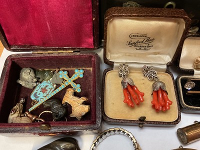 Lot 64 - Victorian inlaid papier-mâché jewellery box containing a pietra dura brooch, pair of gold plated lorgnettes, 9ct gold cased wristwatch on plated bracelet, coral bead necklace