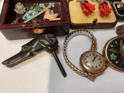 Lot 64 - Victorian inlaid papier-mâché jewellery box containing a pietra dura brooch, pair of gold plated lorgnettes, 9ct gold cased wristwatch on plated bracelet, coral bead necklace