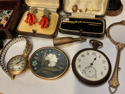 Lot 64 - Victorian inlaid papier-mâché jewellery box containing a pietra dura brooch, pair of gold plated lorgnettes, 9ct gold cased wristwatch on plated bracelet, coral bead necklace
