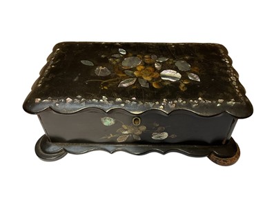 Lot 64 - Victorian inlaid papier-mâché jewellery box containing a pietra dura brooch, pair of gold plated lorgnettes, 9ct gold cased wristwatch on plated bracelet, coral bead necklace