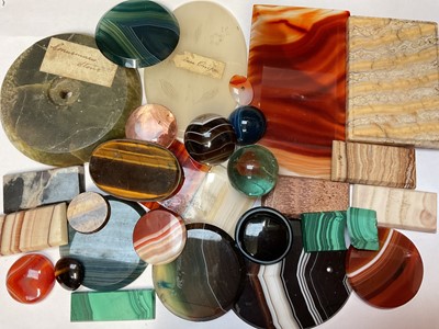 Lot 65 - Collection of mineral specimen panels including agate, malachite, tigers eye brooch, banded agate polished bead etc