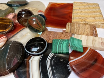 Lot 65 - Collection of mineral specimen panels including agate, malachite, tigers eye brooch, banded agate polished bead etc