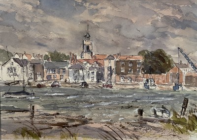 Lot 12 - Geoff Ivory - ink and watercolour study of Wivenhoe, signed and dated 2021, 24cm 34cm, in glazed frame.