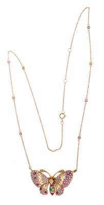 Lot 717 - Diamond and multi-gem butterfly pendant necklace