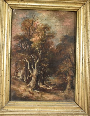 Lot 1423 - Norwich School, 19th century, pair of oils on canvas laid on panel - wooded landscapes with cattle and sheep, 22cm x 15.5cm, in gilt frames