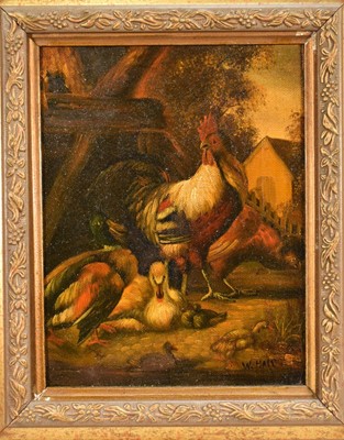 Lot 1422 - W. Hall after d'Hondecoeter, oil on canvas laid on board - Chickens and Ducks, 23cm x 17.5cm, in gilt frame